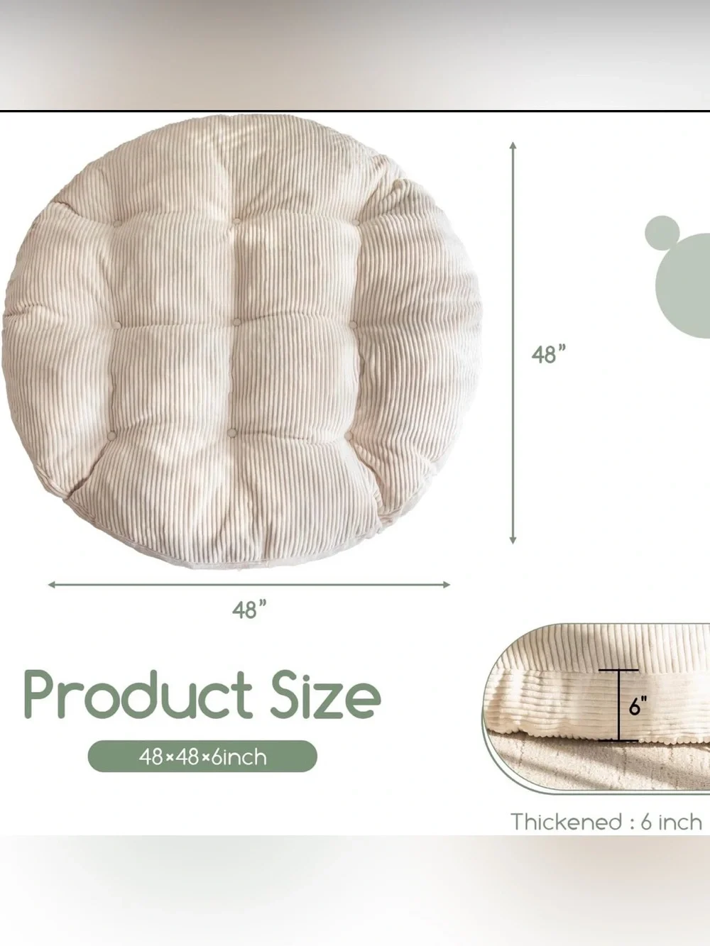 48” Round Tufted Floor Pillow Cushion / Papasan Cushion - Cream Corduroy